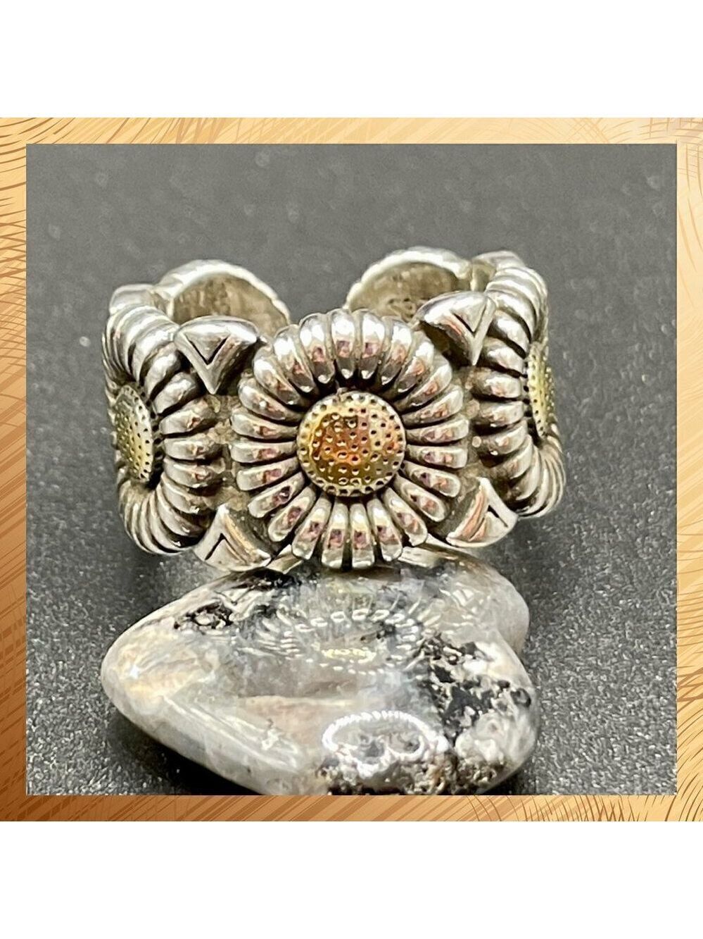 Sterling Silver 925 Adjustable Two Tone Flower Ring #1185